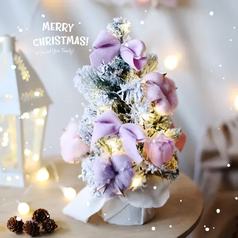 Mini Flocked Christmas Tree Mini Desktop Ornament PVC Snow Top Small Xmas Tree Warm Light Star Bow Base Decor For Table Home Festival Festive