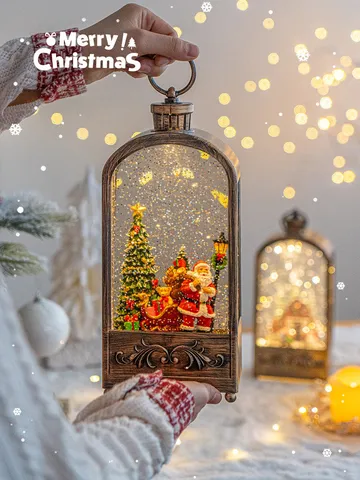 Christmas Snow Globe Lantern Decorative LED Light Swirling Glitter Tabletop Ornament Santa Claus Snowman Xmas Music Box Home Holiday Decor Desk Figurine