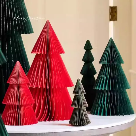 Honeycomb Paper Christmas Tree Ornament Folding Three-Dimensional Paper Desktop Decoration For Home Holiday Party Scene Layout Office Decor