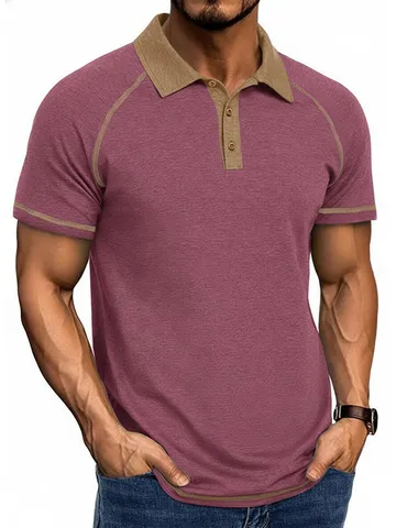 Men Color Block Polo Shirt Short Sleeve Breathable Patchwork Top Athletic Casual Summer Stitching Button Placket Tee