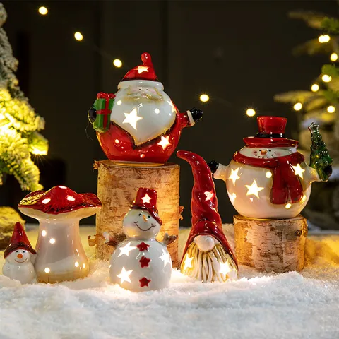 Navidad Cerámica Adornos Luminosos Diseño Estrella Calado Papá Noel Muñeco de Nieve Reno Luz Nocturna de Mesa Decoración del Hogar Festiva