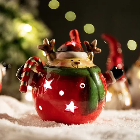 Navidad Cerámica Adornos Luminosos Diseño Estrella Calado Papá Noel Muñeco de Nieve Reno Luz Nocturna de Mesa Decoración del Hogar Festiva