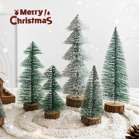 Mini Albero di Natale Ornamento da Scrivania Effetto Neve Floccata Decorazione Pino Con Base in Legno per Stagione Festiva Casa Display Decor