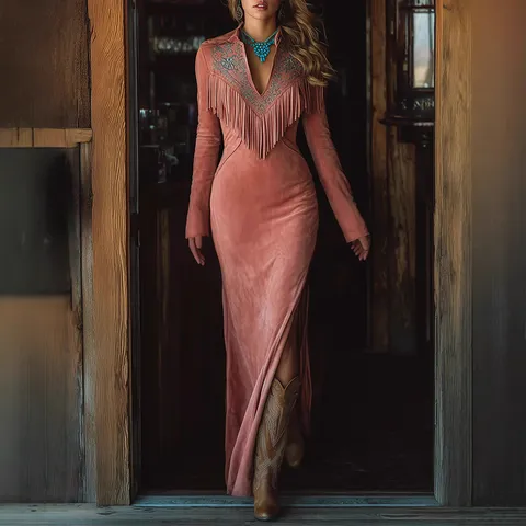 Western Style Pullover Polyester Suede Tassel Deep V-Neck Long Sleeve Bodycon Dress Slim Fit Elegant Vintage Maxi Dress For Women
