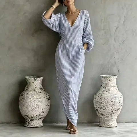 Women Stripe V Neck Maxi Dress Long Sleeve Loose Holiday Shirt Dress Casual Summer Printed Resort Long Dress For Lady