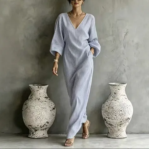 Women Stripe V Neck Maxi Dress Long Sleeve Loose Holiday Shirt Dress Casual Summer Printed Resort Long Dress For Lady