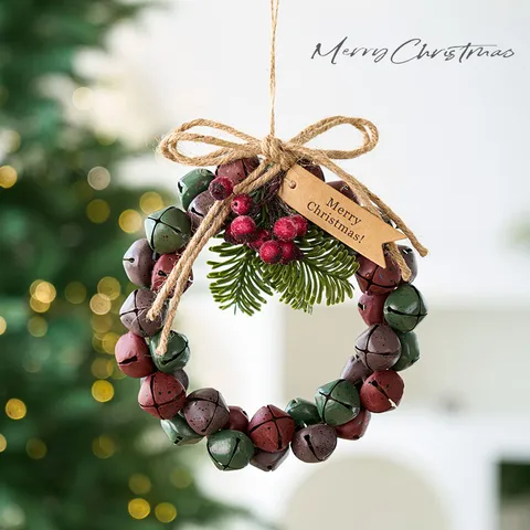 Vintage Distressed Alloy Jingle Bell Christmas Wreath Hanging Ornament With Pine Needles Red Berries Bowknot Creative Xmas Tree Window Holiday Decoration