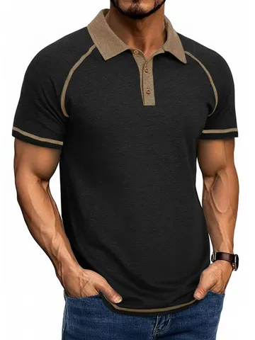 Men Color Block Polo Shirt Short Sleeve Breathable Patchwork Top Athletic Casual Summer Stitching Button Placket Tee