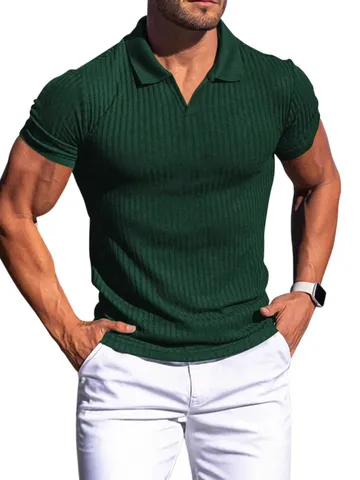 Men's Summer Casual Polo Shirt Lapel V-Neck Vertical Striped Short Sleeve Slim Fit Moisture Wicking Business Top