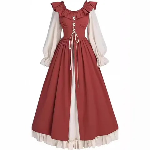 Medieval Renaissance Women Long Sleeve Dress Vintage Irish Fairy Patchwork Ruffle Lace Up Casual Party Maxi Dress