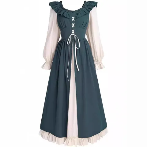 Medieval Renaissance Women Long Sleeve Dress Vintage Irish Fairy Patchwork Ruffle Lace Up Casual Party Maxi Dress