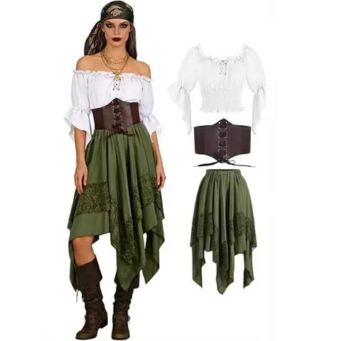 Robe Renaissance Rétro Gothique pour Femmes Halloween Costume de Pirate Médiéval Top And Bottom Volants Asymétrique Dentelle Patchwork Robe Longue