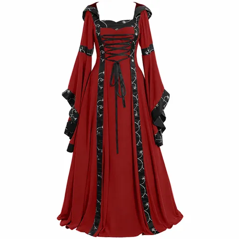 Robe à Capuche Vintage Médiévale pour Femmes Col Carré lacet Manche Évasée Polyester Robe Longue Renaissance Lolita Costume Vêtement