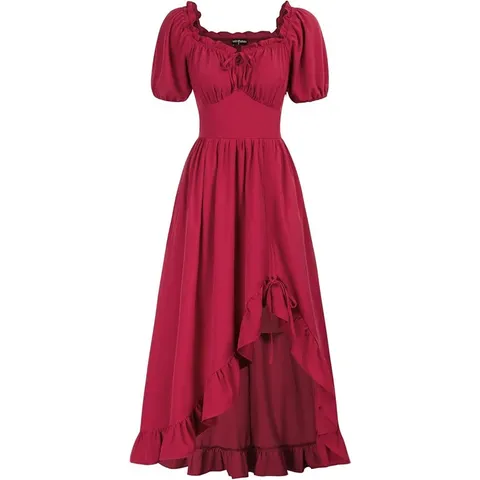 Women Renaissance Off Shoulder Dress Cottagecore Smocked Corset Dress Ruffled Irregular Hem Casual Vintage Midi Dress