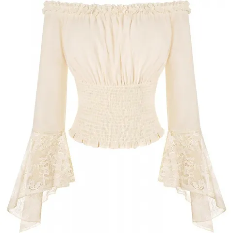 Blouse Vintage pour Femmes Épaules Dénudées Manches Longues Volants Col Bateau Patchwork Dentelle Top pour Date Décontracté