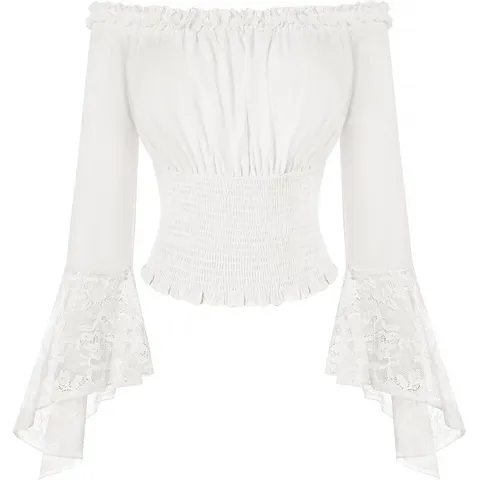 Blouse Vintage pour Femmes Épaules Dénudées Manches Longues Volants Col Bateau Patchwork Dentelle Top pour Date Décontracté