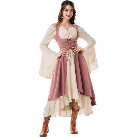 Women Renaissance Medieval Costume Pirate Peasant Dress Underbust Corset Lace Up High Low Dress And Vest Set Costume