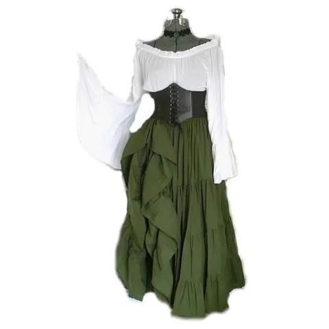 Women Medieval Renaissance Long Sleeve Dress Vintage Court Lace Up Corset Multi Layered Tiered Cosplay Costume Party Maxi Dress