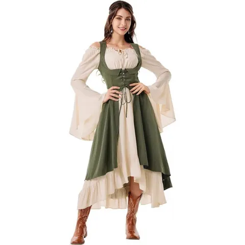 Women Renaissance Medieval Costume Pirate Peasant Dress Underbust Corset Lace Up High Low Dress And Vest Set Costume