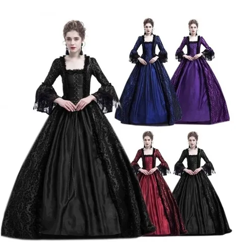 Robe Rétro de Palais Médiéval pour Femmes Patchwork de Dentelle Manches Évasées Gothique Col Carré Robe de Soirée Formelle