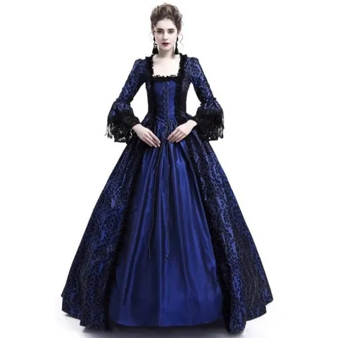 Robe Rétro de Palais Médiéval pour Femmes Patchwork de Dentelle Manches Évasées Gothique Col Carré Robe de Soirée Formelle