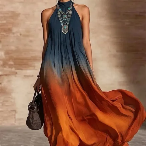 Women Halter Neck Sleeveless Gradient Maxi Dress Bohemian Printed Beach Holiday Loose Summer Backless Dress Long Dress