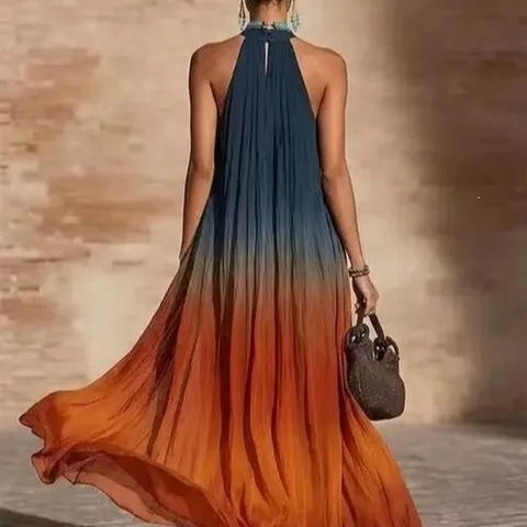 Women Halter Neck Sleeveless Gradient Maxi Dress Bohemian Printed Beach Holiday Loose Summer Backless Dress Long Dress