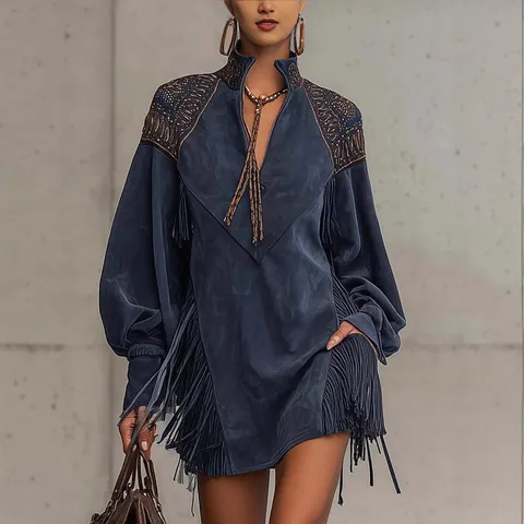 Women Elegant V Neck Suede Dress Embroidered Tassel Lantern Sleeve Pullover High Waist A Line Midi Dress For Autumn Winter