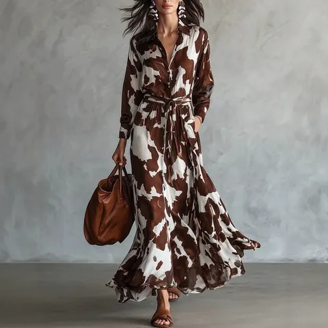 Women Elegant Cow Print Long Sleeve Dress Western Turn-down Collar High Waist Maxi Dress Single-breasted Loose Shirt Dress