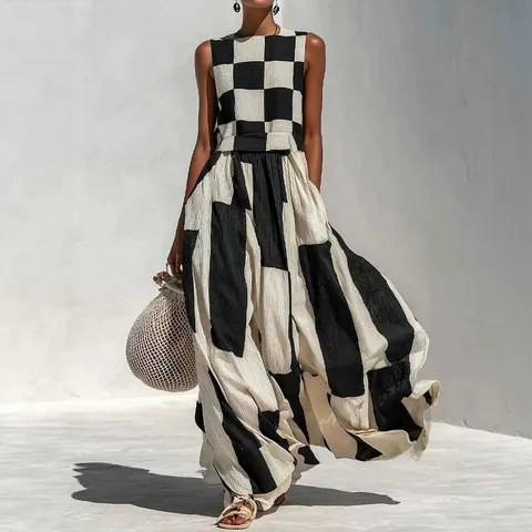 Women Summer Geometric Pattern Round Neck Sleeveless Loose Pullover Dress Vintage Artistic Printed Polyester Long Maxi Dress