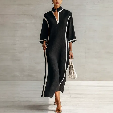 Women Elegant Color Block Patchwork Pullover Maxi Dress V-Neck Three-Quarter Sleeve Loose Fit Ruched Contrast Trim Dress For Commuting
