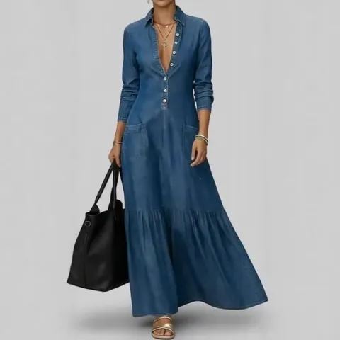 Women Retro Denim Dress Streetwear Elegant Large Lapel Single Breasted Long Sleeve Maxi Dress Casual Slim Waist Washed Shirt Dress