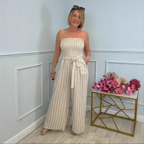 Women Elegant Polyester Striped Jumpsuit Strapless Sleeveless Loose Fit Long Pants Belted Pocketed Casual Romper For Commuting Lady
