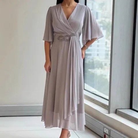 Women Elegant V-Neck Pleated Dress Solid Color Stretchy Polyester Half Sleeve Long Maxi Dress For Daily Commuting