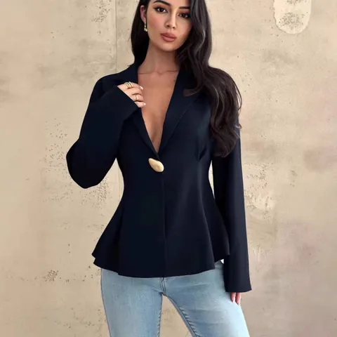 Women Elegant Lapel Blazer Slim Fit Waist Solid Color Drop Shoulder Long Sleeve Top Single Button Woven Cardigan Outerwear Jacket