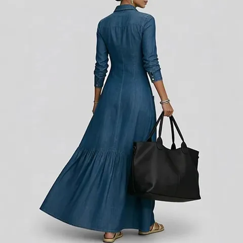 Women Retro Denim Dress Streetwear Elegant Large Lapel Single Breasted Long Sleeve Maxi Dress Casual Slim Waist Washed Shirt Dress