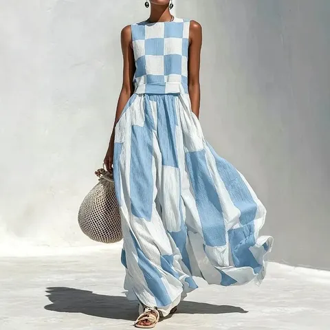 Women Summer Geometric Pattern Round Neck Sleeveless Loose Pullover Dress Vintage Artistic Printed Polyester Long Maxi Dress