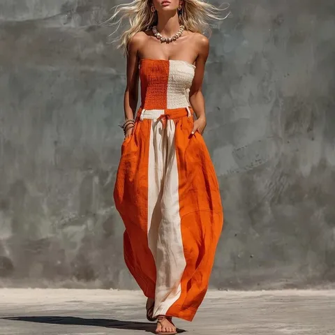 Women Casual Strapless Color Block Polyester Jumpsuit Ruched Elastic Waist Loose Wide Leg Long Pants Vacation Romper Jumpsuit