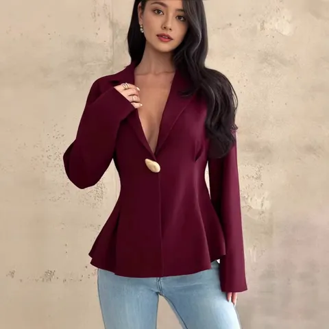 Women Elegant Lapel Blazer Slim Fit Waist Solid Color Drop Shoulder Long Sleeve Top Single Button Woven Cardigan Outerwear Jacket