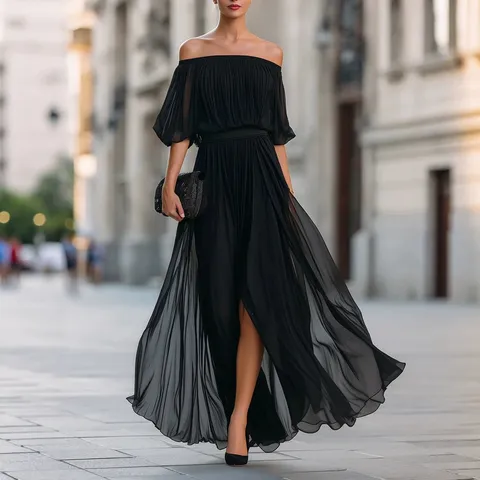 Women Elegant Off Shoulder Ruched Chiffon Dress Solid Color Spliced Slit Long Skirt Slim Fit Casual Travel Outfits Dress