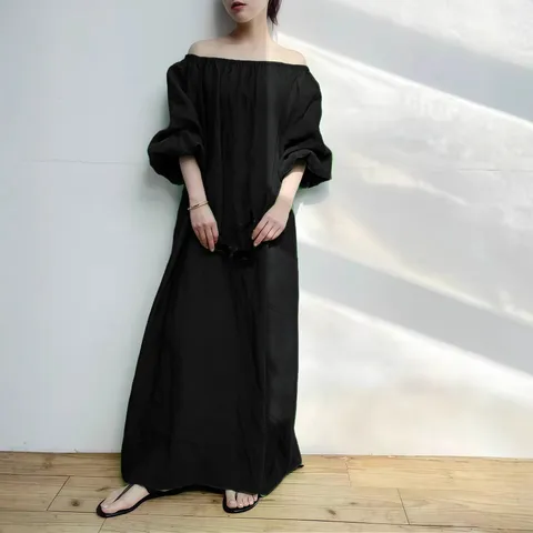 Women Off Shoulder Lantern Sleeve Ramie Dress Casual Solid Color Loose Maxi Dress Smocked Pleated Comfort Fashion Long Dress