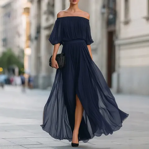 Women Elegant Off Shoulder Ruched Chiffon Dress Solid Color Spliced Slit Long Skirt Slim Fit Casual Travel Outfits Dress