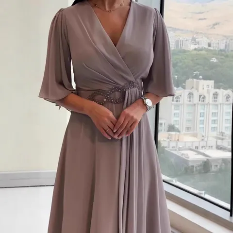 Women Elegant V-Neck Pleated Dress Solid Color Stretchy Polyester Half Sleeve Long Maxi Dress For Daily Commuting