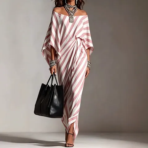 Women Casual Off Shoulder Striped Maxi Dress Loose Printed Zebra Pattern Long Dress Trendy Elegant Comfortable Summer Vacation