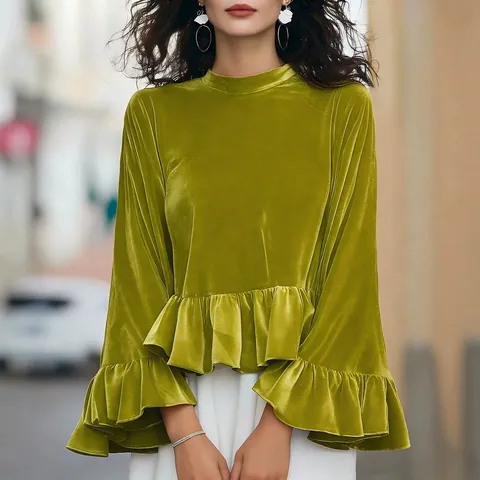 Women Casual Velvet Ruffle Top Crew Neck Long Sleeve Pullover Sweatshirt Velvet Ruffle Trim Top For Daily Wear Streetwear