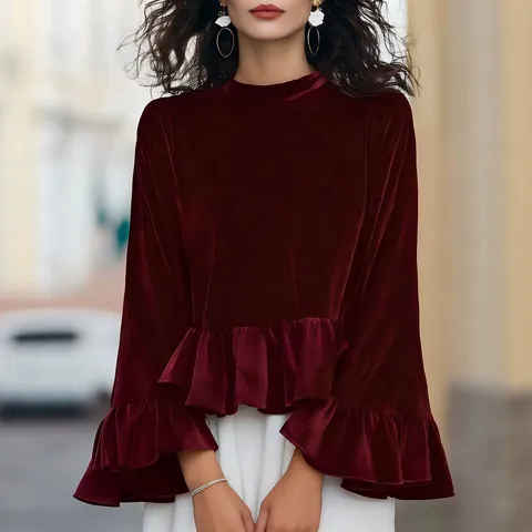 Women Casual Velvet Ruffle Top Crew Neck Long Sleeve Pullover Sweatshirt Velvet Ruffle Trim Top For Daily Wear Streetwear