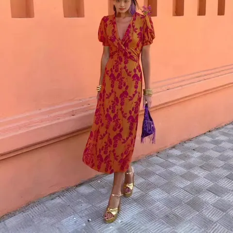 Women Elegant Ruched Floral Print Dress Summer Fashion Slim Fit V-Neck Short Sleeve Midi Dress Celebrity Style Casual Pullover Robe