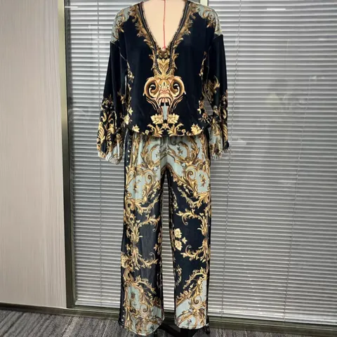 Women Vintage Resort Baroque Print Top And Bottom Set Casual V Neck Long Sleeve Shirt Wide Leg Long Pants Polyester Lounge Tracksuit