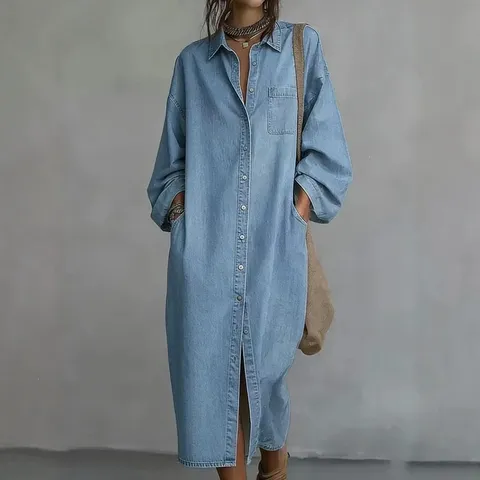 Retro Polyester Turn-Down Collar Loose Denim Style Shirt Dress Single-Breasted Long Sleeve Casual Midi Dress With Pockets For Women