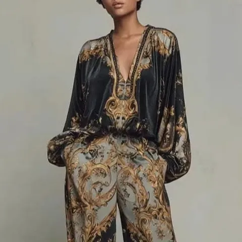 Women Vintage Resort Baroque Print Top And Bottom Set Casual V Neck Long Sleeve Shirt Wide Leg Long Pants Polyester Lounge Tracksuit